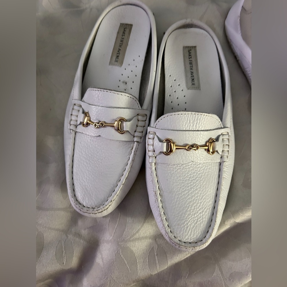 Saks Fifth Avenue White Leather Loafers with Gold Detail